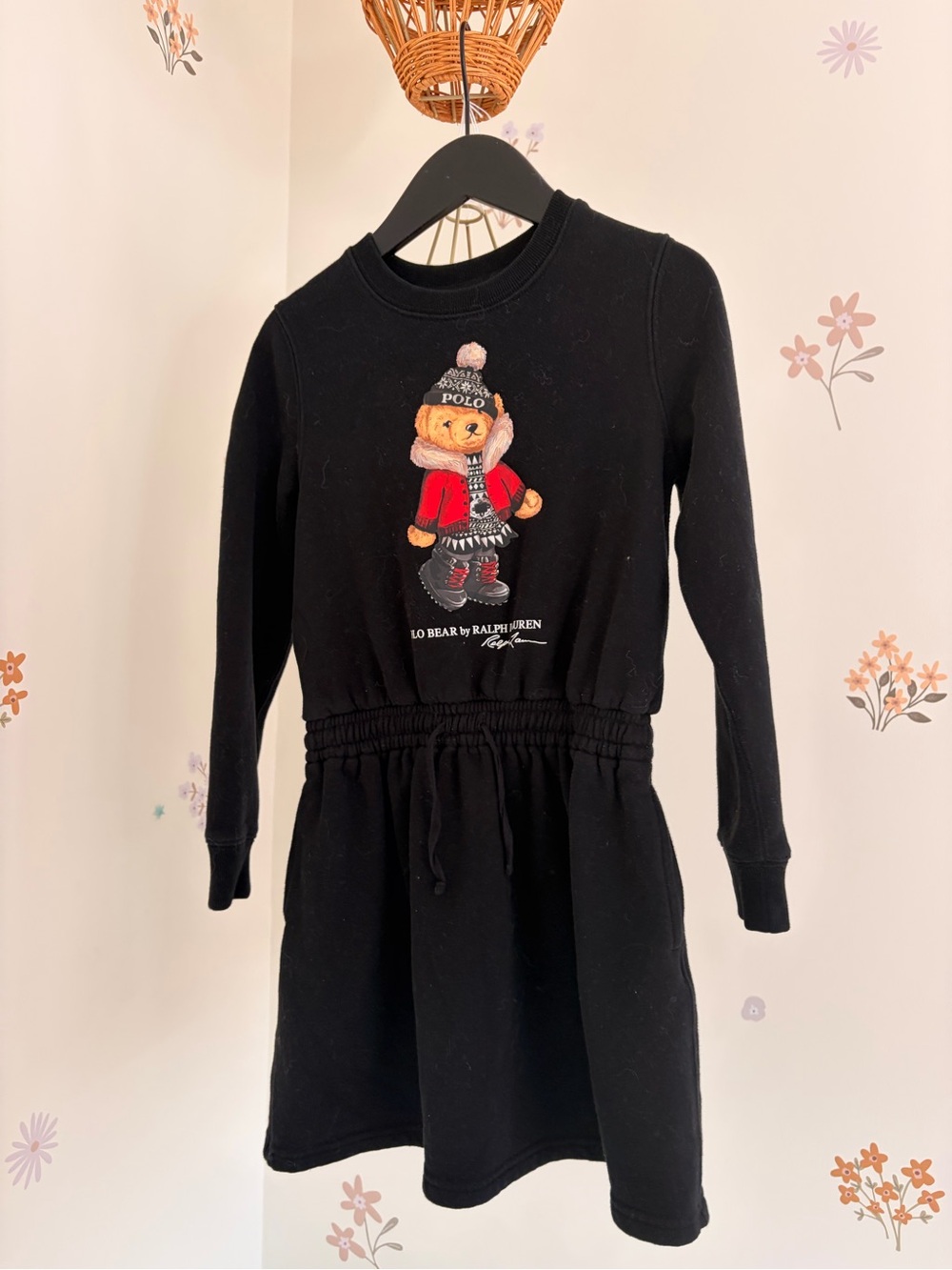 Polo Ralph Lauren Girls Black Polo Bear Sweatshirt Dress Size 7 Long Sleeve